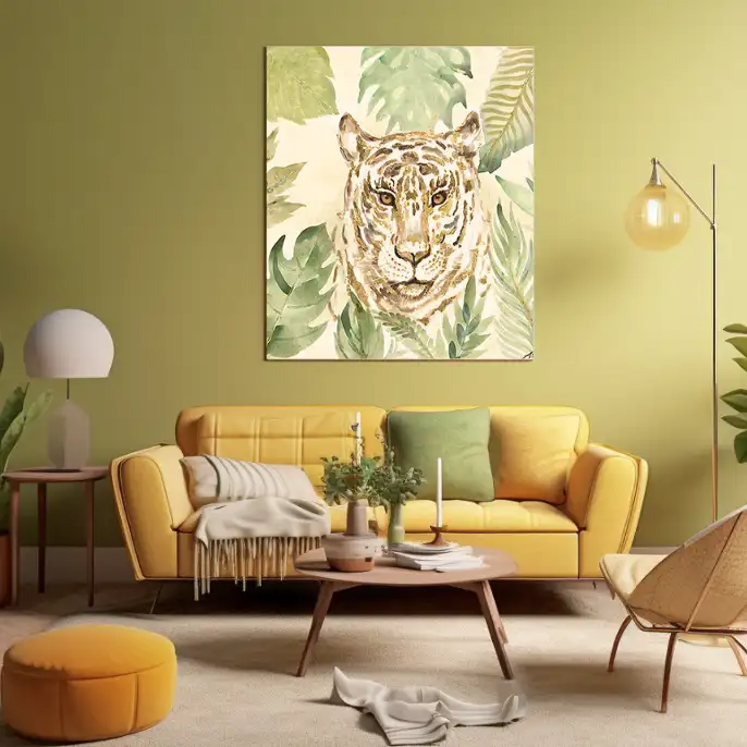 Pastelový obraz leoparda v džungli dominuje v obývacej izbe, symbolizuje harmóniu medzi prírodou a interiérom