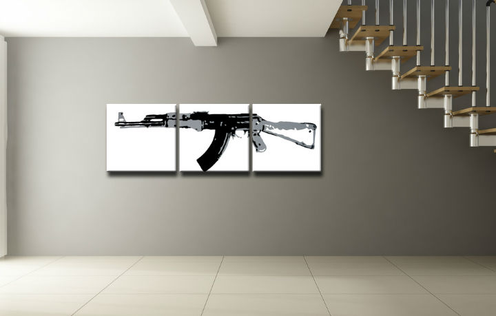 Ručne maľovaný POP Art obraz Kalashnikov 3 dielny  ka - 210x70 cm